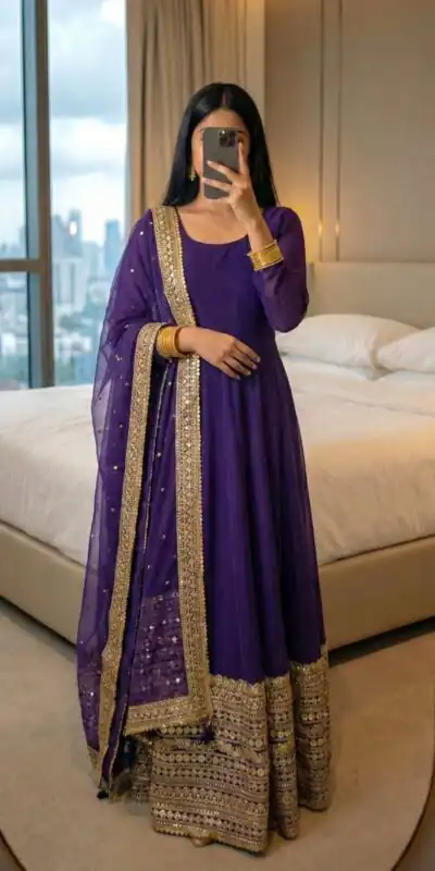 ZSR 3152 Purple Color Roman silk Gown with Embroidery Work & Lace Work. Grab it for ₹2599. Delivery 4-6 Working Days. Shop now. | Gowns, Bollywood Gowns, Creative Gowns, Designer Gowns, Embroidered Gowns, Party Wear Gowns