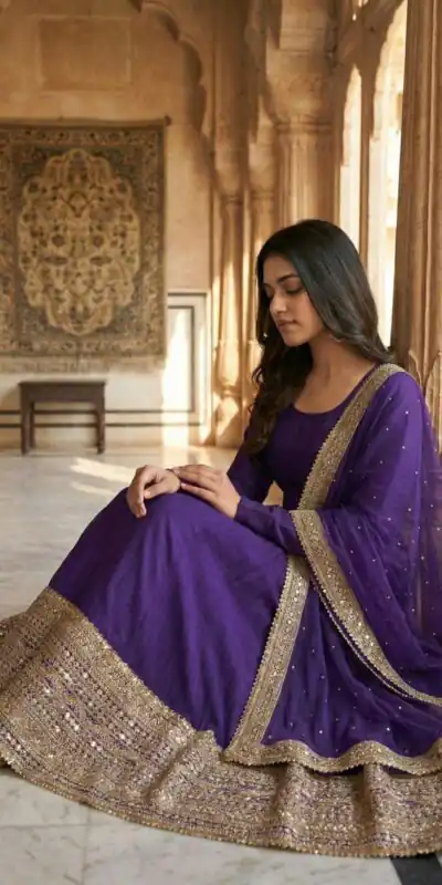 ZSR 3152 Purple Color Roman silk Gown with Embroidery Work & Lace Work. Grab it for ₹2599. Delivery 4-6 Working Days. Shop now. | Gowns, Bollywood Gowns, Creative Gowns, Designer Gowns, Embroidered Gowns, Party Wear Gowns