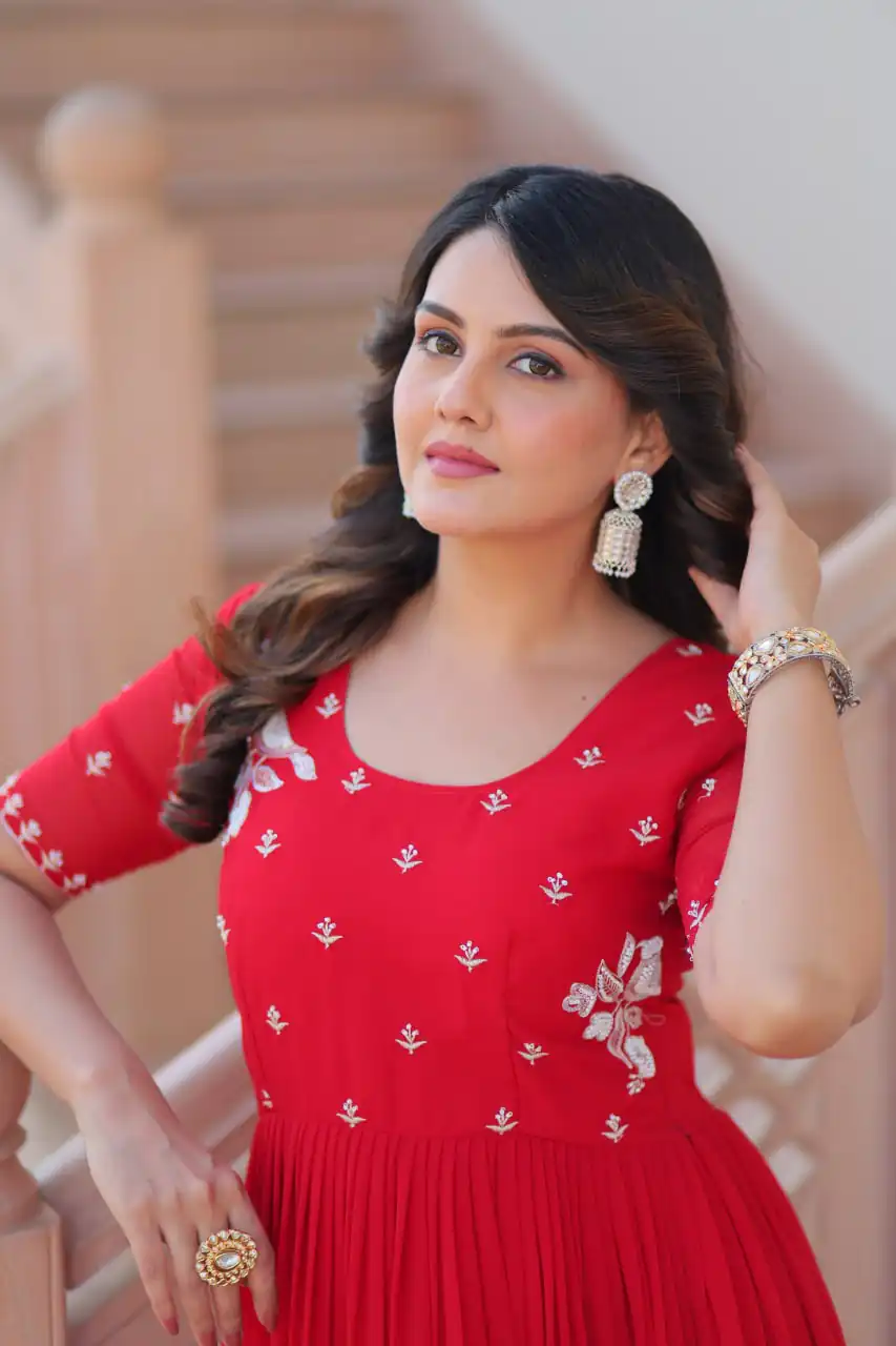 KA 1173 Red Faux Blooming Gown Perfect for Wedding, Party, Eid, Pooja, Baisakhi – . Now at just ₹1849. Delivery 4-6 Working Days. Shop now. | Gowns, Bollywood Gowns, Creative Gowns, Designer Gowns, Embroidered Gowns, Party Wear Gowns