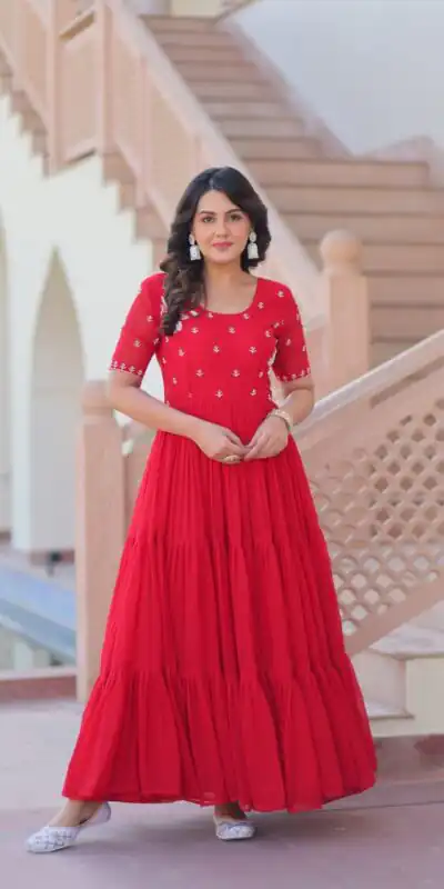 KA 1173 Red Faux Blooming Gown Perfect for Wedding, Party, Eid, Pooja, Baisakhi – . Now at just ₹1849. Delivery 4-6 Working Days. Shop now. | Gowns, Bollywood Gowns, Creative Gowns, Designer Gowns, Embroidered Gowns, Party Wear Gowns
