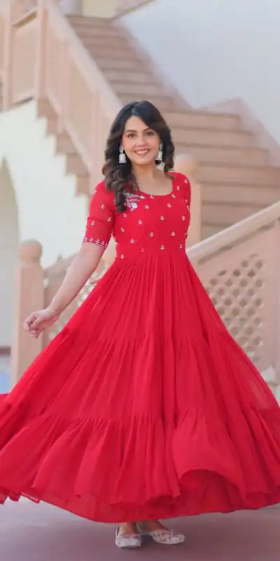 KA 1173 Red Faux Blooming Gown Perfect for Wedding, Party, Eid, Pooja, Baisakhi – . Now at just ₹1849. Delivery 4-6 Working Days. Shop now. | Gowns, Bollywood Gowns, Creative Gowns, Designer Gowns, Embroidered Gowns, Party Wear Gowns