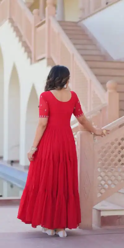 KA 1173 Red Faux Blooming Gown Perfect for Wedding, Party, Eid, Pooja, Baisakhi – . Now at just ₹1849. Delivery 4-6 Working Days. Shop now. | Gowns, Bollywood Gowns, Creative Gowns, Designer Gowns, Embroidered Gowns, Party Wear Gowns