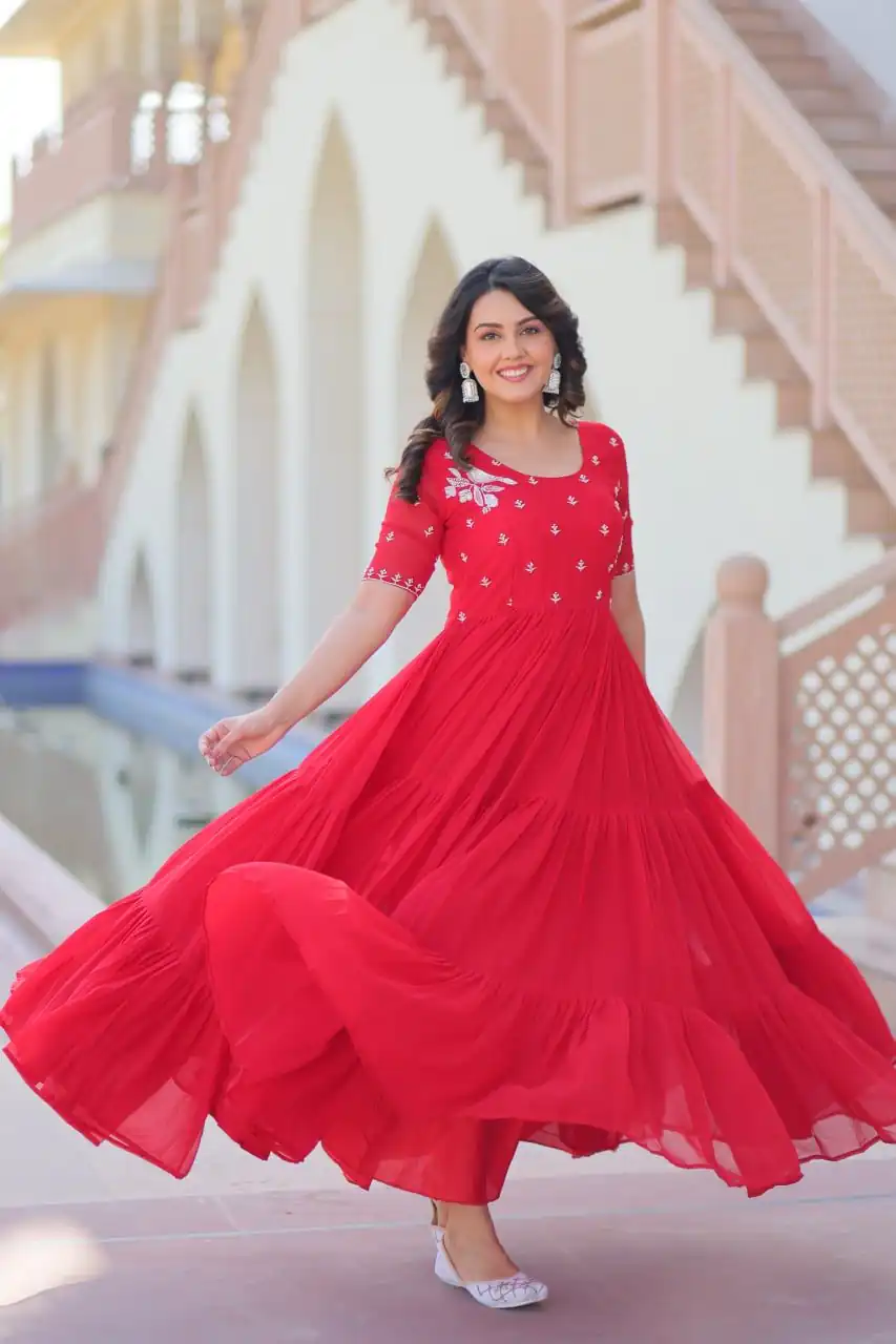 KA 1173 Red Faux Blooming Gown Perfect for Wedding, Party, Eid, Pooja, Baisakhi – . Now at just ₹1849. Delivery 4-6 Working Days. Shop now. | Gowns, Bollywood Gowns, Creative Gowns, Designer Gowns, Embroidered Gowns, Party Wear Gowns