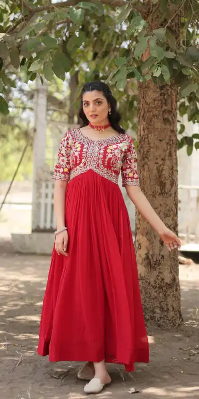 KA 1110 Red Faux Blooming Gown Perfect for Wedding, Party, Holi, Lohri, Baby Shower – . Introductory Price ₹1649. Delivery 4-6 Working Days. Shop no | Gowns, Bollywood Gowns, Creative Gowns, Designer Gowns, Embroidered Gowns, Party Wear Gowns