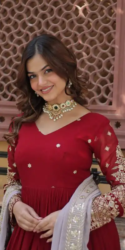 KA 1148 Red Color Faux Blooming Gown with Zari Work & Embroidery Work. Grab it for ₹1899. Delivery 4-6 Working Days. Shop now. | Gowns, Bollywood Gowns, Creative Gowns, Designer Gowns, Embroidered Gowns, Party Wear Gowns