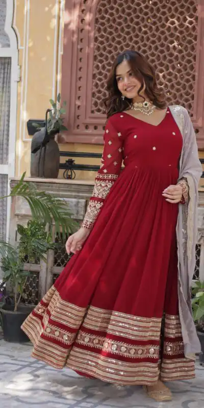 KA 1148 Red Color Faux Blooming Gown with Zari Work & Embroidery Work. Grab it for ₹1899. Delivery 4-6 Working Days. Shop now. | Gowns, Bollywood Gowns, Creative Gowns, Designer Gowns, Embroidered Gowns, Party Wear Gowns