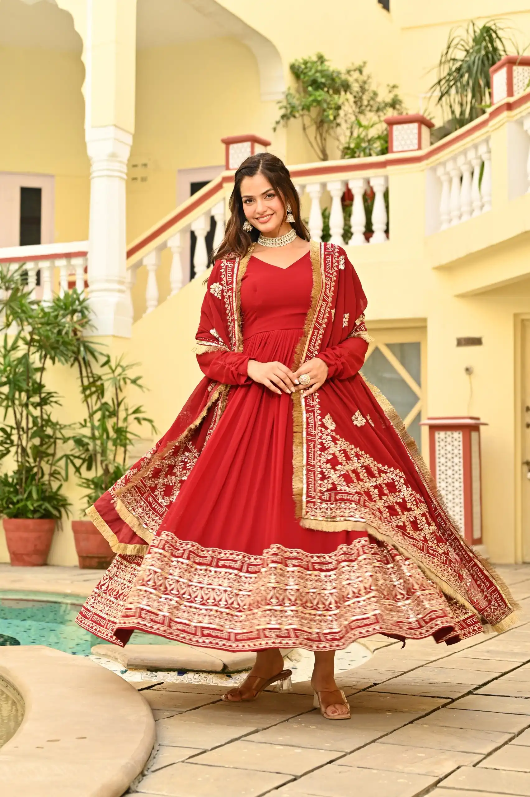 KA 1207 Red Faux Blooming Gown with Embroidery Work & Zari Work. Festive Deal ₹2649. Delivery 4-6 Working Days. Shop now. | Gowns, Bollywood Gowns, Creative Gowns, Designer Gowns, Embroidered Gowns, Party Wear Gowns