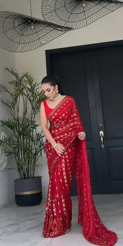 JR 635 Red Color Georgette Saree with Lace Work & Embroidery Work. Exclusive Offer ₹1949. Delivery 4-6 Working Days. Shop now. | Sarees, Bollywood Sarees, Creative Sarees, Designer Sarees, Embroidered Sarees, Ethnic Saree, Modern Digital sarees, Party Wear Sarees