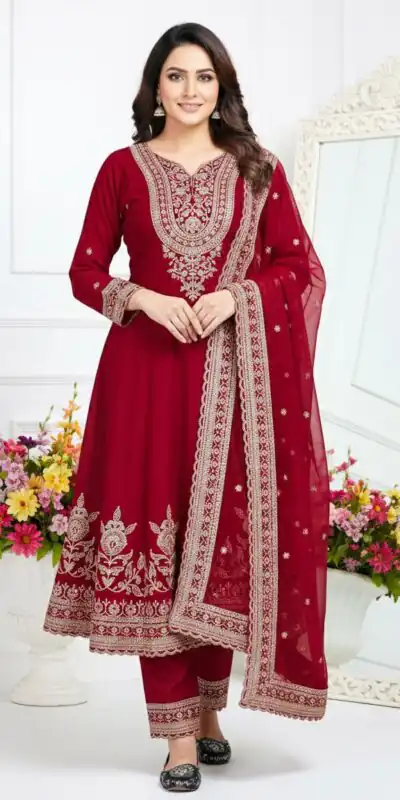 KF-1715 Red in Faux Georgette Embroidery Work & Lace Work Salwar Suit . Get it for ₹2399. Delivery 4-6 Working Days. Shop now. | Jump Suits, Tops & Bottoms, Track Suits, Trendy Wear, Salwar suit, Designer Suits, Casual Suits, Creative suits, Palazzo Suits, Party Wear Suits, Patiala Suits, Straight Suits