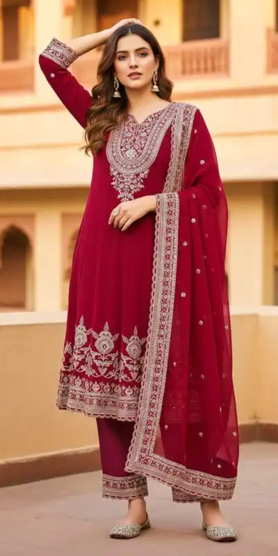 KF-1715 Red in Faux Georgette Embroidery Work & Lace Work Salwar Suit . Get it for ₹2399. Delivery 4-6 Working Days. Shop now. | Jump Suits, Tops & Bottoms, Track Suits, Trendy Wear, Salwar suit, Designer Suits, Casual Suits, Creative suits, Palazzo Suits, Party Wear Suits, Patiala Suits, Straight Suits