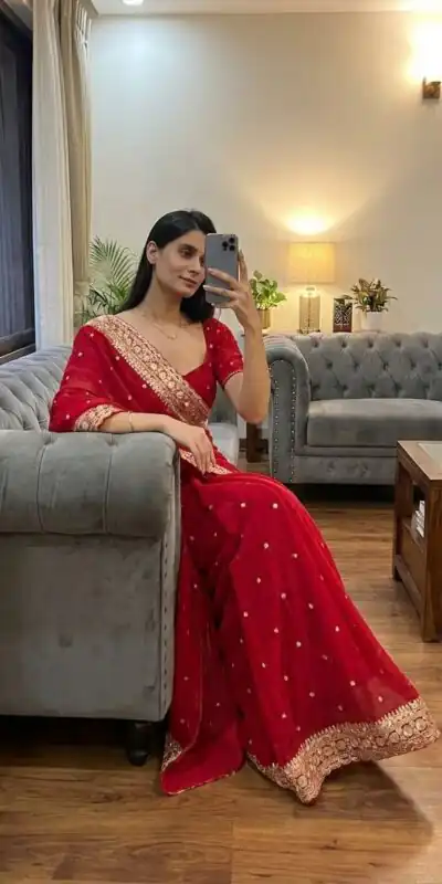 NC 5544 Red Color with Sequins & Embroidery Work Georgette Saree . Festive Deal ₹1949. Delivery 4-6 Working Days. Shop now. | Sarees, Bollywood Sarees, Creative Sarees, Designer Sarees, Embroidered Sarees, Ethnic Saree, Modern Digital sarees, Party Wear Sarees