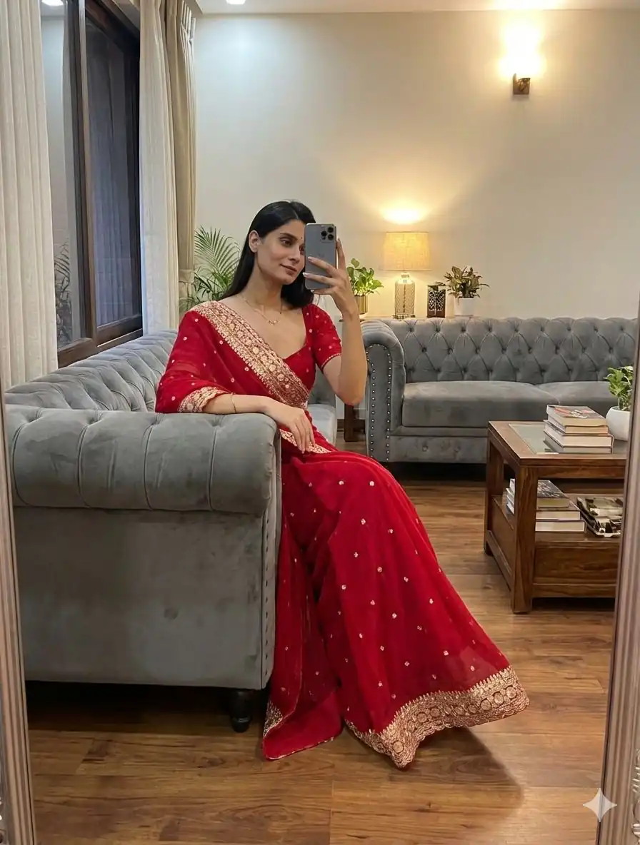 NC 5544 Red Color with Sequins & Embroidery Work Georgette Saree . Festive Deal ₹1949. Delivery 4-6 Working Days. Shop now. | Sarees, Bollywood Sarees, Creative Sarees, Designer Sarees, Embroidered Sarees, Ethnic Saree, Modern Digital sarees, Party Wear Sarees