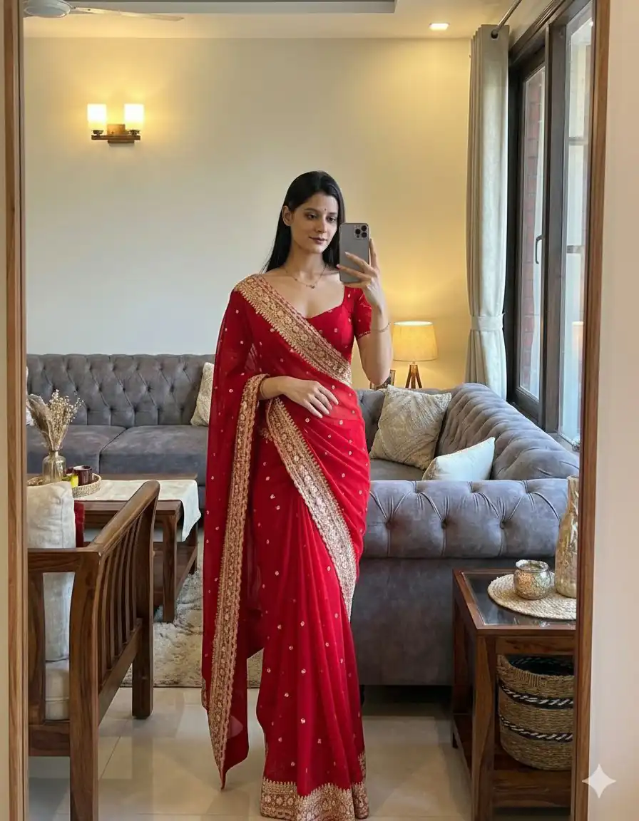 NC 5544 Red Color with Sequins & Embroidery Work Georgette Saree . Festive Deal ₹1949. Delivery 4-6 Working Days. Shop now. | Sarees, Bollywood Sarees, Creative Sarees, Designer Sarees, Embroidered Sarees, Ethnic Saree, Modern Digital sarees, Party Wear Sarees