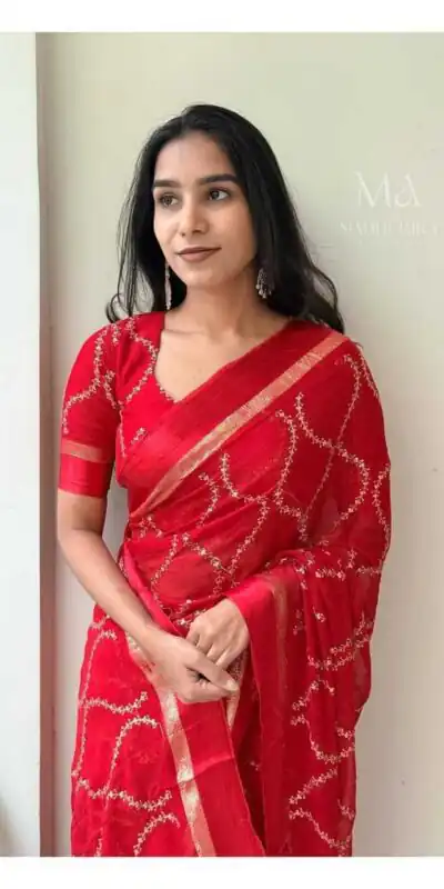 MS 505 Red Viscose Satin Saree with Sequins Work & Embroidery Work. Special Price ₹1599. Delivery 4-6 Working Days. Shop now. | Sarees, Bollywood Sarees, Creative Sarees, Designer Sarees, Embroidered Sarees, Ethnic Saree, Modern Digital sarees, Party Wear Sarees