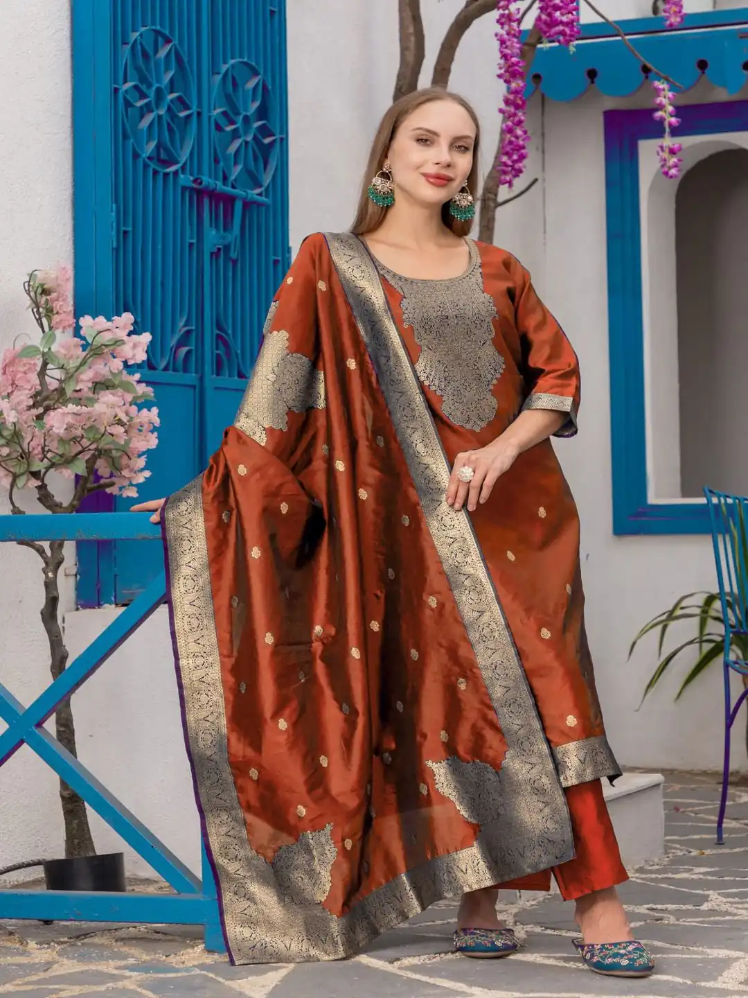 MF 111 Rust Chanderi Jacquard Salwar Suit with Zari Work. Best Price ₹1499. Wedding, Party, Festive, Events Delivery 4-6 Working Days. Shop now. | Jump Suits, Tops & Bottoms, Track Suits, Trendy Wear, Salwar suit, Designer Suits, Casual Suits, Creative suits, Palazzo Suits, Party Wear Suits, Patiala Suits, Straight Suits