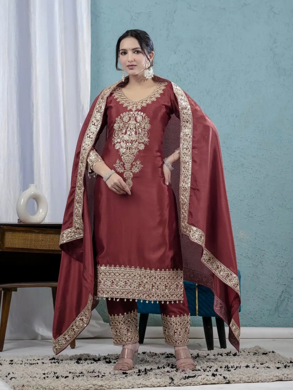 ND 5034 Rust Chinon Silk Salwar Suit with Lace Work & Embroidery Work. Best Price ₹2099. Delivery 4-6 Working Days. Shop now. | Designer Suits, Jump Suits, Tops & Bottoms, Track Suits, Trendy Wear, Salwar suit, Casual Suits, Creative suits, Palazzo Suits, Party Wear Suits, Patiala Suits, Straight Suits