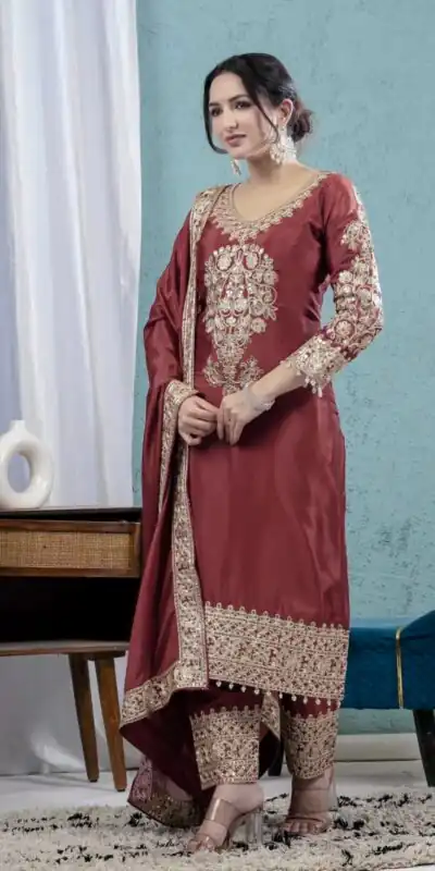 ND 5034 Rust Chinon Silk Salwar Suit with Lace Work & Embroidery Work. Best Price ₹2099. Delivery 4-6 Working Days. Shop now. | Designer Suits, Jump Suits, Tops & Bottoms, Track Suits, Trendy Wear, Salwar suit, Casual Suits, Creative suits, Palazzo Suits, Party Wear Suits, Patiala Suits, Straight Suits
