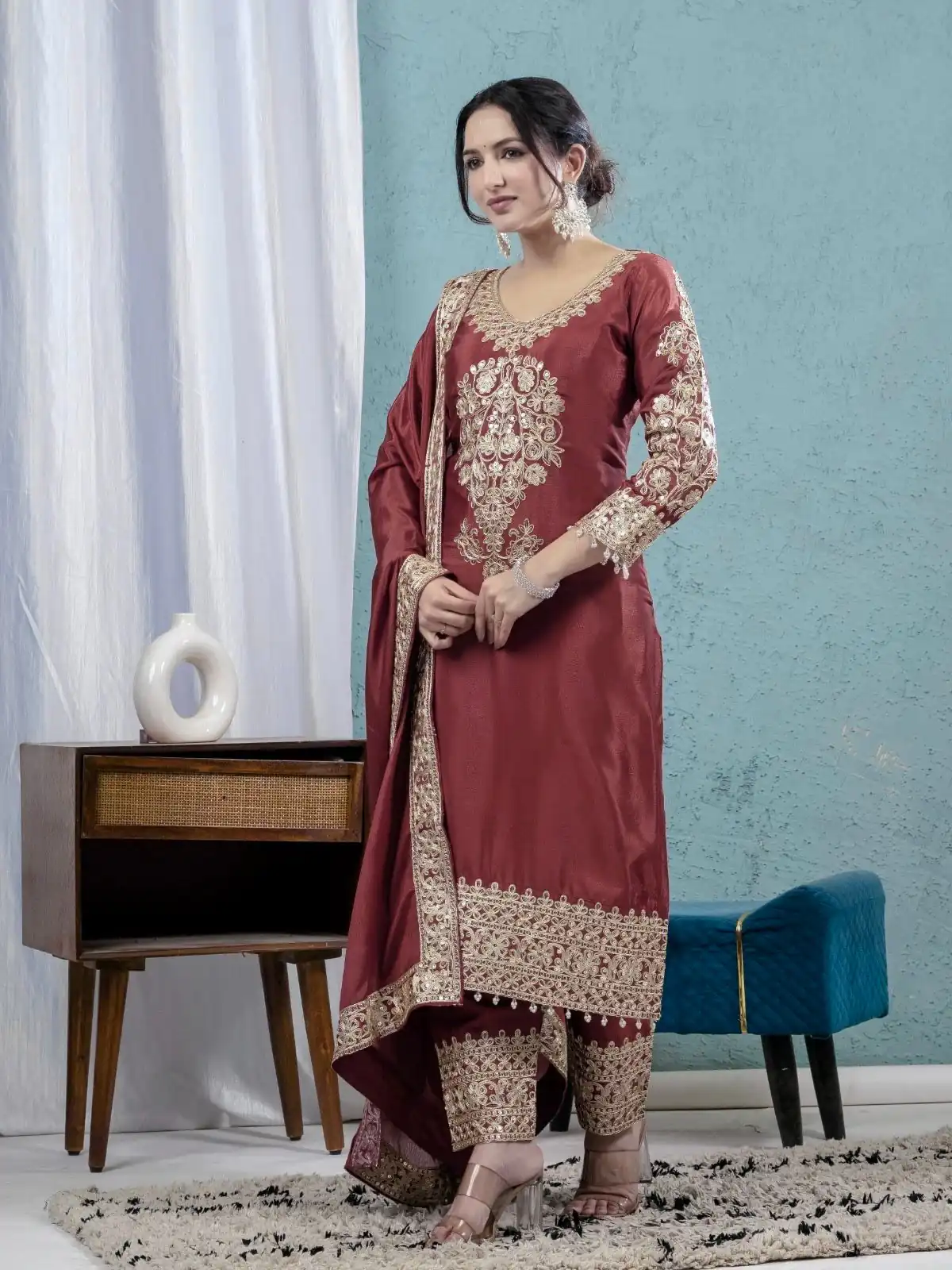ND 5034 Rust Chinon Silk Salwar Suit with Lace Work & Embroidery Work. Best Price ₹2099. Delivery 4-6 Working Days. Shop now. | Designer Suits, Jump Suits, Tops & Bottoms, Track Suits, Trendy Wear, Salwar suit, Casual Suits, Creative suits, Palazzo Suits, Party Wear Suits, Patiala Suits, Straight Suits
