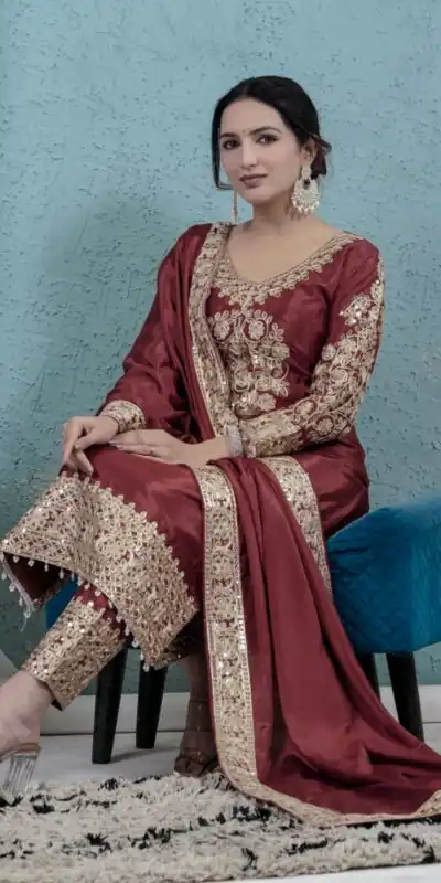 ND 5034 Rust Chinon Silk Salwar Suit with Lace Work & Embroidery Work. Best Price ₹2099. Delivery 4-6 Working Days. Shop now. | Designer Suits, Jump Suits, Tops & Bottoms, Track Suits, Trendy Wear, Salwar suit, Casual Suits, Creative suits, Palazzo Suits, Party Wear Suits, Patiala Suits, Straight Suits