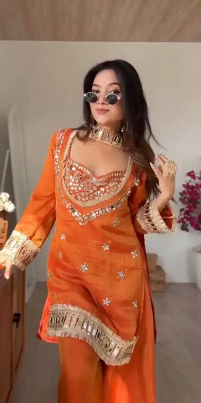 SRK 5326 Rust Fendy Silk Salwar Suit with Mirror Work & Lace Work. Affordable Price ₹2399. Delivery 4-6 Working Days. Shop now. | Jump Suits, Salwar suit, Designer Suits, Casual Suits, Creative suits, Palazzo Suits, Party Wear Suits, Patiala Suits, Straight Suits