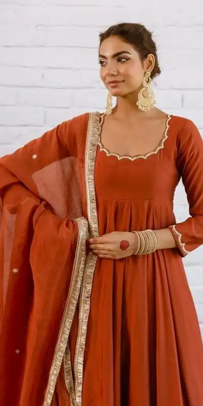 SRk 5324 Rust Color Vichitra silk Gown with Bead Work & Lace Work. Now at just ₹1849. Delivery 4-6 Working Days. Shop now. | Gowns, Bollywood Gowns, Creative Gowns, Designer Gowns, Embroidered Gowns, Party Wear Gowns