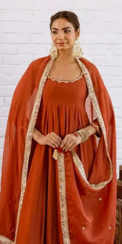 SRk 5324 Rust Color Vichitra silk Gown with Bead Work & Lace Work. Now at just ₹1849. Delivery 4-6 Working Days. Shop now. | Gowns, Bollywood Gowns, Creative Gowns, Designer Gowns, Embroidered Gowns, Party Wear Gowns