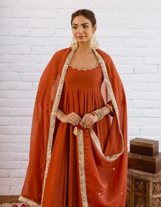SRk 5324 Rust Color Vichitra silk Gown with Bead Work & Lace Work. Now at just ₹1849. Delivery 4-6 Working Days. Shop now. | Gowns, Bollywood Gowns, Creative Gowns, Designer Gowns, Embroidered Gowns, Party Wear Gowns