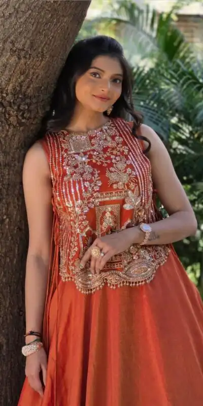 PC 563 Rust in Color Vichitra Silk Embroidery Work Lehenga Choli . Now at just ₹2549. Delivery 4-6 Working Days. Shop now. | Lehenga, Bollywood Lehenga, Creative Lehenga, Designer Lehenga, Embroidered Lehenga, Party Wear Lehenga