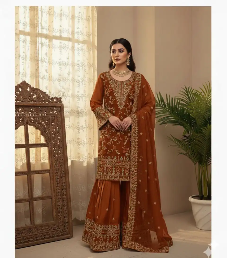 BE 447 Rust Color Zimmy Choo Salwar Suit with Embroidery Work. Online Get it for ₹2399. Delivery 4-6 Working Days. Shop now. | Jump Suits, Salwar suit, Designer Suits, Casual Suits, Creative suits, Palazzo Suits, Party Wear Suits, Patiala Suits, Straight Suits