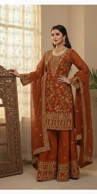 BE 447 Rust Color Zimmy Choo Salwar Suit with Embroidery Work. Online Get it for ₹2399. Delivery 4-6 Working Days. Shop now. | Jump Suits, Salwar suit, Designer Suits, Casual Suits, Creative suits, Palazzo Suits, Party Wear Suits, Patiala Suits, Straight Suits