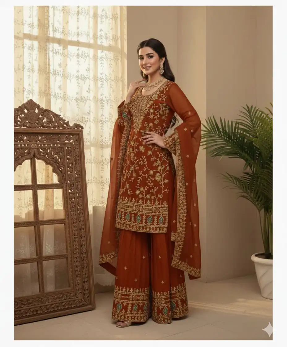 BE 447 Rust Color Zimmy Choo Salwar Suit with Embroidery Work. Online Get it for ₹2399. Delivery 4-6 Working Days. Shop now. | Jump Suits, Salwar suit, Designer Suits, Casual Suits, Creative suits, Palazzo Suits, Party Wear Suits, Patiala Suits, Straight Suits