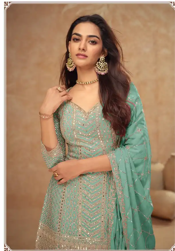 FC 7518 Sea Green Chinon Salwar Suit Perfect for Wedding, Party, Diwali, Durga Puja, Temple Visit – . Festive Deal ₹3099. Delivery 4-6 Working Days. | Designer Suits, Jump Suits, Tops & Bottoms, Track Suits, Trendy Wear, Salwar suit, Casual Suits, Creative suits, Palazzo Suits, Party Wear Suits, Patiala Suits, Straight Suits