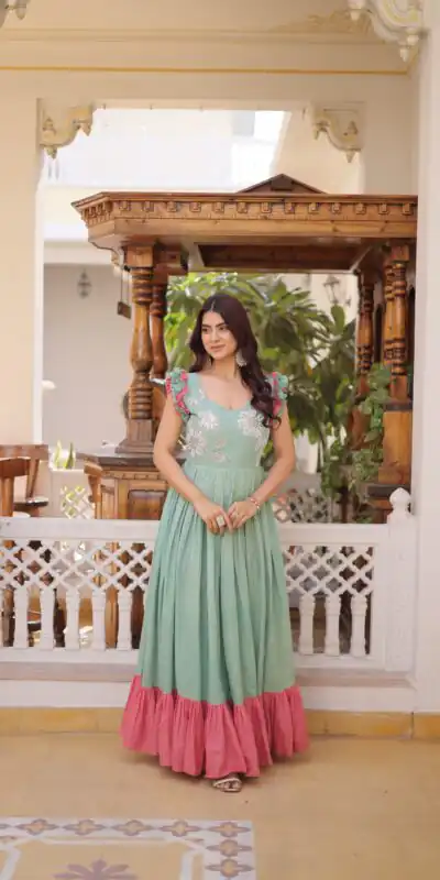 KA 1234 Sea Green Color Cotton Gown with Sequins Work & Embroidery Work. Festive Deal ₹1819. Delivery 4-6 Working Days. Shop now. | Gowns, Bollywood Gowns, Creative Gowns, Designer Gowns, Embroidered Gowns, Party Wear Gowns