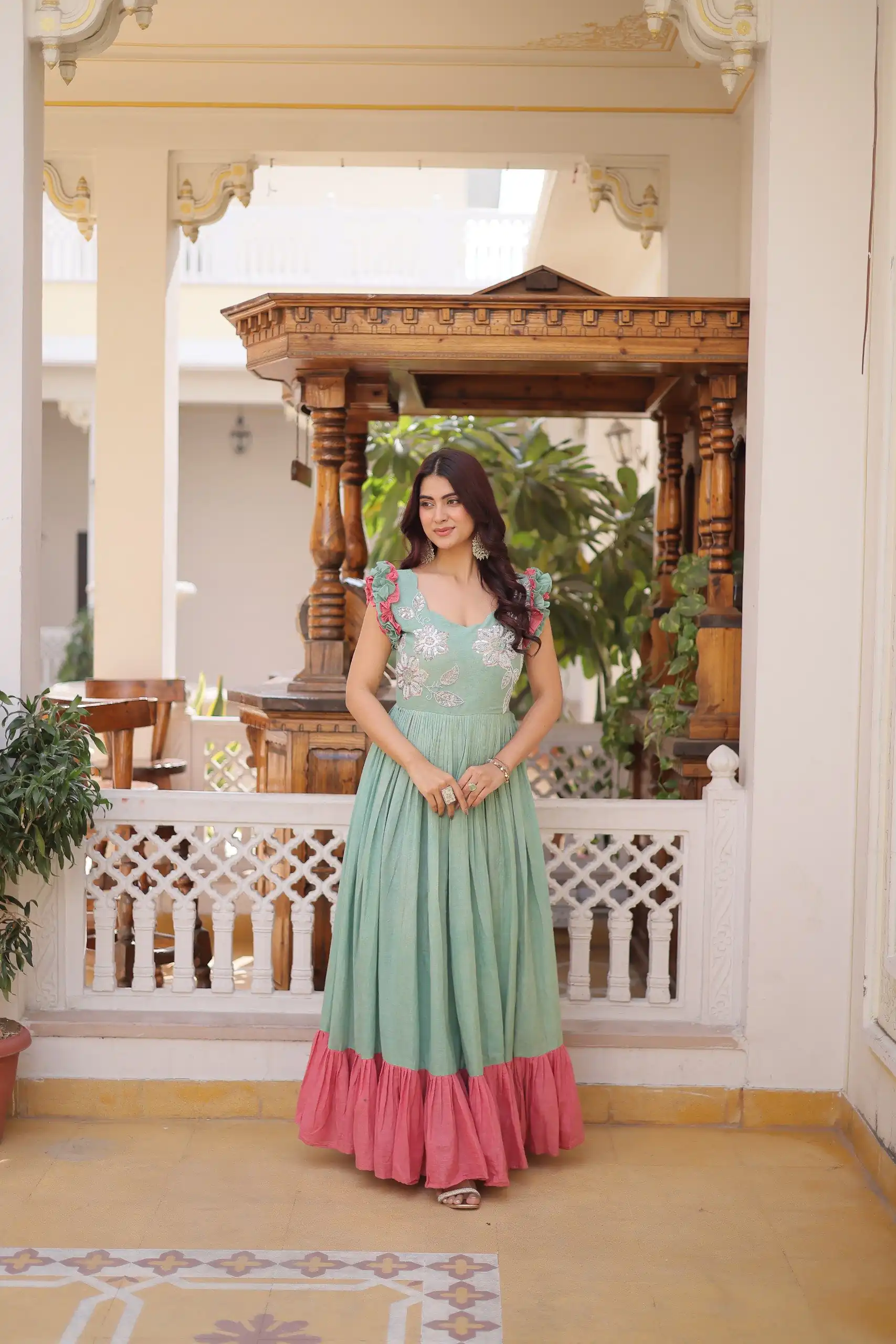 KA 1234 Sea Green Color Cotton Gown with Sequins Work & Embroidery Work. Festive Deal ₹1819. Delivery 4-6 Working Days. Shop now. | Gowns, Bollywood Gowns, Creative Gowns, Designer Gowns, Embroidered Gowns, Party Wear Gowns