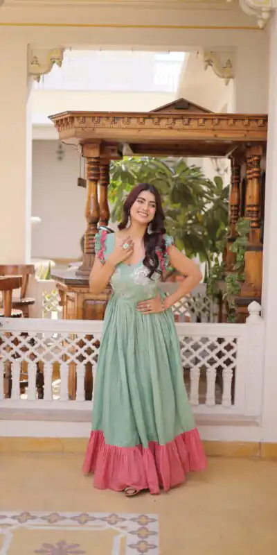 KA 1234 Sea Green Color Cotton Gown with Sequins Work & Embroidery Work. Festive Deal ₹1819. Delivery 4-6 Working Days. Shop now. | Gowns, Bollywood Gowns, Creative Gowns, Designer Gowns, Embroidered Gowns, Party Wear Gowns