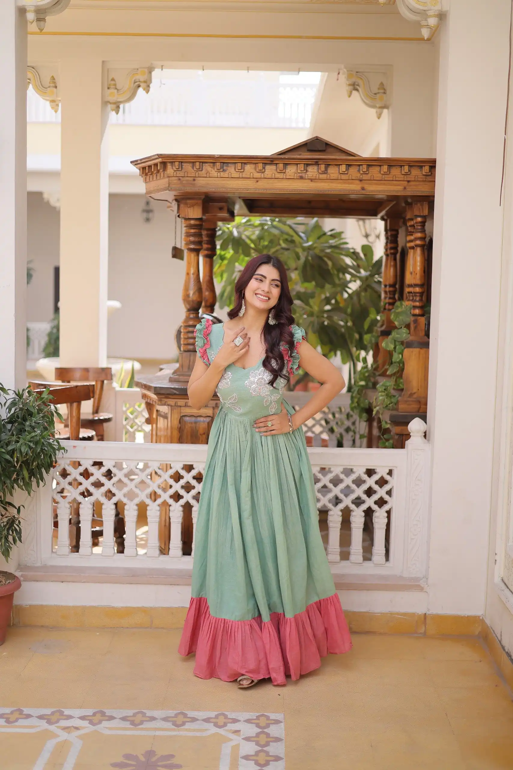 KA 1234 Sea Green Color Cotton Gown with Sequins Work & Embroidery Work. Festive Deal ₹1819. Delivery 4-6 Working Days. Shop now. | Gowns, Bollywood Gowns, Creative Gowns, Designer Gowns, Embroidered Gowns, Party Wear Gowns