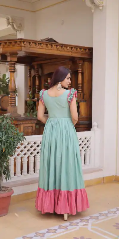 KA 1234 Sea Green Color Cotton Gown with Sequins Work & Embroidery Work. Festive Deal ₹1819. Delivery 4-6 Working Days. Shop now. | Gowns, Bollywood Gowns, Creative Gowns, Designer Gowns, Embroidered Gowns, Party Wear Gowns