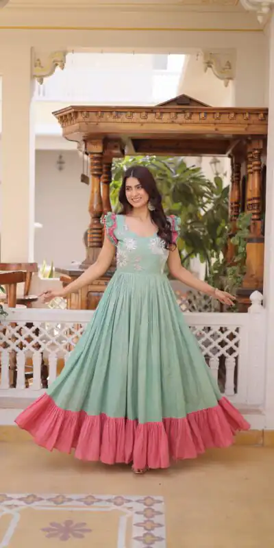 KA 1234 Sea Green Color Cotton Gown with Sequins Work & Embroidery Work. Festive Deal ₹1819. Delivery 4-6 Working Days. Shop now. | Gowns, Bollywood Gowns, Creative Gowns, Designer Gowns, Embroidered Gowns, Party Wear Gowns