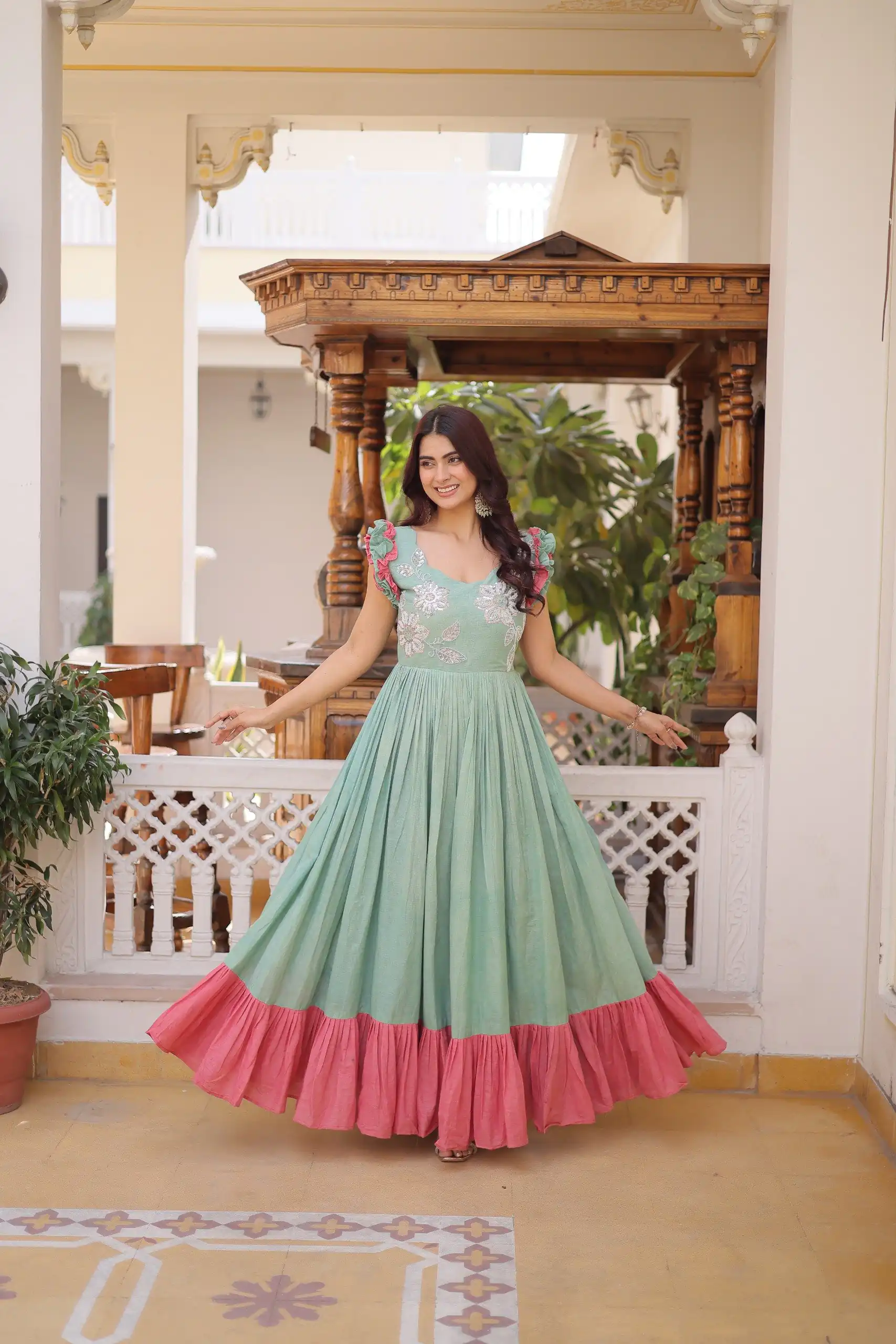 KA 1234 Sea Green Color Cotton Gown with Sequins Work & Embroidery Work. Festive Deal ₹1819. Delivery 4-6 Working Days. Shop now. | Gowns, Bollywood Gowns, Creative Gowns, Designer Gowns, Embroidered Gowns, Party Wear Gowns