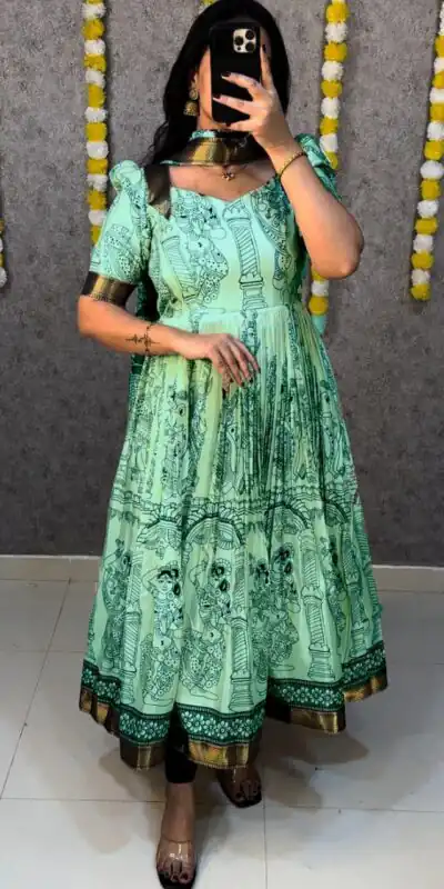 MF 666 Sea Green Malai Satin Gown with Digital Print & Kalamkari Print. Now at just ₹1499. Delivery 4-6 Working Days. Shop now. | Gowns, Bollywood Gowns, Creative Gowns, Designer Gowns, Embroidered Gowns, Party Wear Gowns