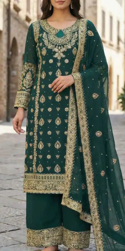 SRK 5231 Teal Color Pure Chinnon Silk With Embroidery Sequence Work Salwar Suit Casual, Wedding, Party, Festive, Events Etc.4-6 Working Days@ 2699/-only | Designer Suits, Jump Suits, Salwar suit, Casual Suits, Creative suits, Palazzo Suits, Party Wear Suits, Patiala Suits, Straight Suits
