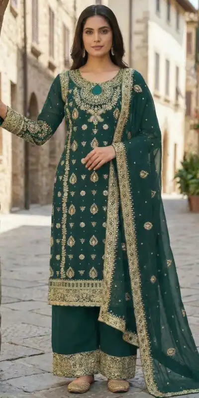 SRK 5231 Teal Color Pure Chinnon Silk With Embroidery Sequence Work Salwar Suit Casual, Wedding, Party, Festive, Events Etc.4-6 Working Days@ 2699/-only | Designer Suits, Jump Suits, Salwar suit, Casual Suits, Creative suits, Palazzo Suits, Party Wear Suits, Patiala Suits, Straight Suits