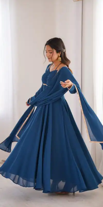 KB 291 Teal Color Fox Blooming Georgette Gown with Lace Work. Affordable Price ₹1899. Delivery 4-6 Working Days. Shop now. | Gowns, Bollywood Gowns, Creative Gowns, Designer Gowns, Embroidered Gowns, Party Wear Gowns