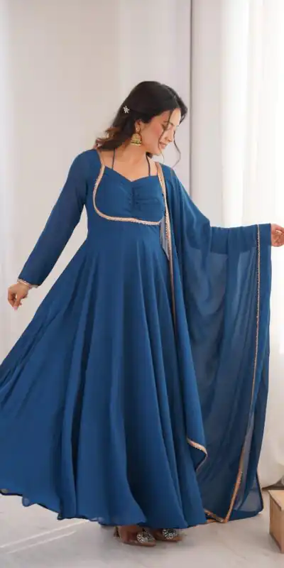 KB 291 Teal Color Fox Blooming Georgette Gown with Lace Work. Affordable Price ₹1899. Delivery 4-6 Working Days. Shop now. | Gowns, Bollywood Gowns, Creative Gowns, Designer Gowns, Embroidered Gowns, Party Wear Gowns