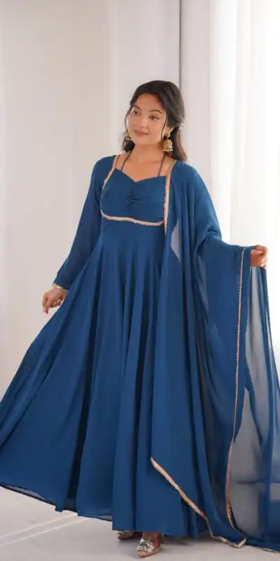 KB 291 Teal Color Fox Blooming Georgette Gown with Lace Work. Affordable Price ₹1899. Delivery 4-6 Working Days. Shop now. | Gowns, Bollywood Gowns, Creative Gowns, Designer Gowns, Embroidered Gowns, Party Wear Gowns