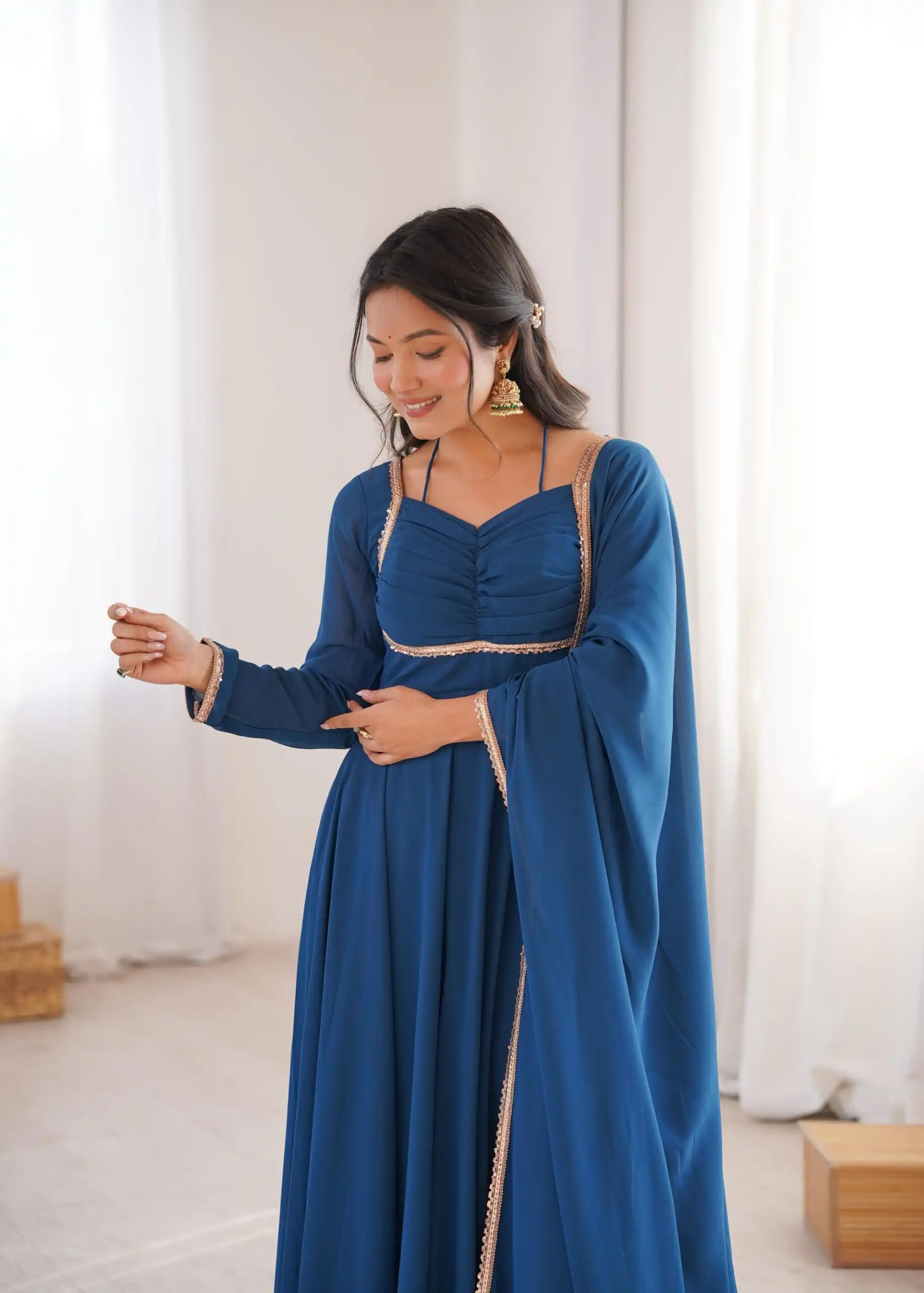 KB 291 Teal Color Fox Blooming Georgette Gown with Lace Work. Affordable Price ₹1899. Delivery 4-6 Working Days. Shop now. | Gowns, Bollywood Gowns, Creative Gowns, Designer Gowns, Embroidered Gowns, Party Wear Gowns