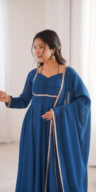 KB 291 Teal Color Fox Blooming Georgette Gown with Lace Work. Affordable Price ₹1899. Delivery 4-6 Working Days. Shop now. | Gowns, Bollywood Gowns, Creative Gowns, Designer Gowns, Embroidered Gowns, Party Wear Gowns