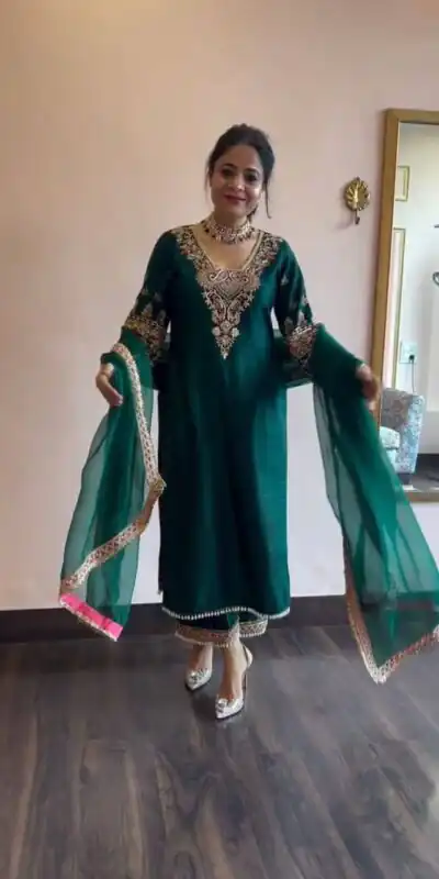 ST 170 Teal Green Cowrie Work & Embroidery Work Salwar Suit in Wine Vichitra Silk. Grab it for ₹2049. Delivery 4-6 Working Days. Shop now. | Jump Suits, Salwar suit, Designer Suits, Casual Suits, Creative suits, Palazzo Suits, Party Wear Suits, Patiala Suits, Straight Suits