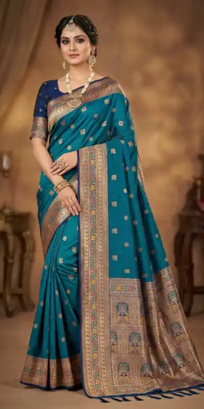 MB 18 Teal in Color Meenakari Zari Work & Lace Work Saree work. Exclusive Offer ₹2399. Delivery 4-6 Working Days. Shop now. | Sarees, Bollywood Sarees, Creative Sarees, Designer Sarees, Embroidered Sarees, Ethnic Saree, Modern Digital sarees, Party Wear Sarees