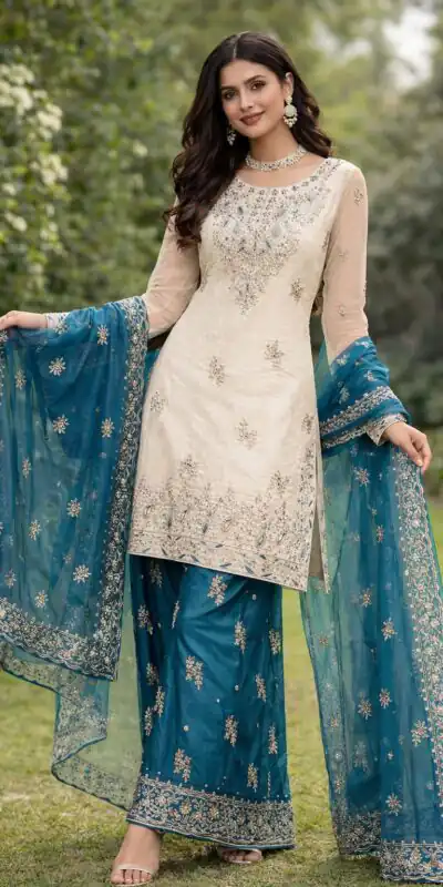 VLM 316 Teal Organza Silk with Embroidery Work & Lace Work. Salwar Suit Now at just ₹2049. Delivery 4-6 Working Days. Shop now. | Jump Suits, Salwar suit, Designer Suits, Casual Suits, Creative suits, Palazzo Suits, Party Wear Suits, Patiala Suits, Straight Suits